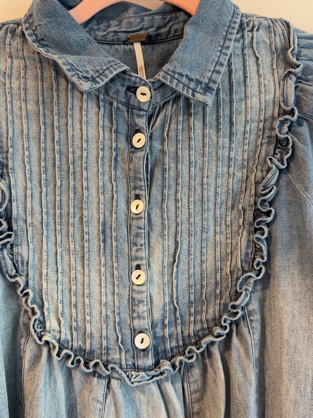 Free People Light Blue Denim Pintuck Babydoll Mini Dress - Picture 8 of 12